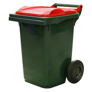 Small wheelie bin with red lid