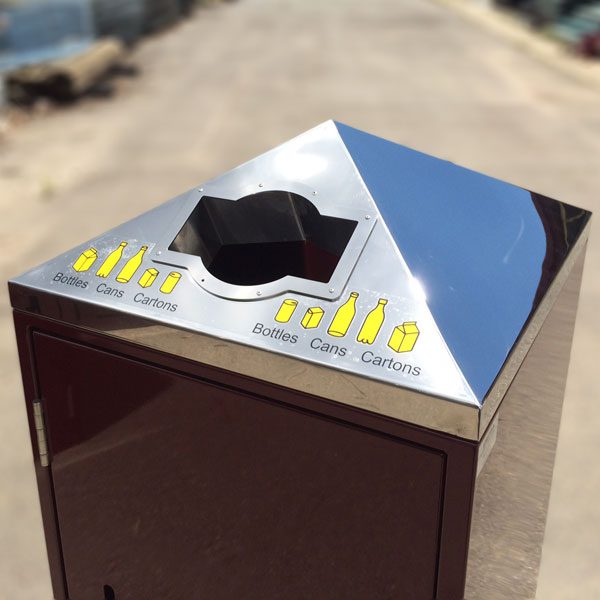 High polished stainless steel pyramid topped bin surround