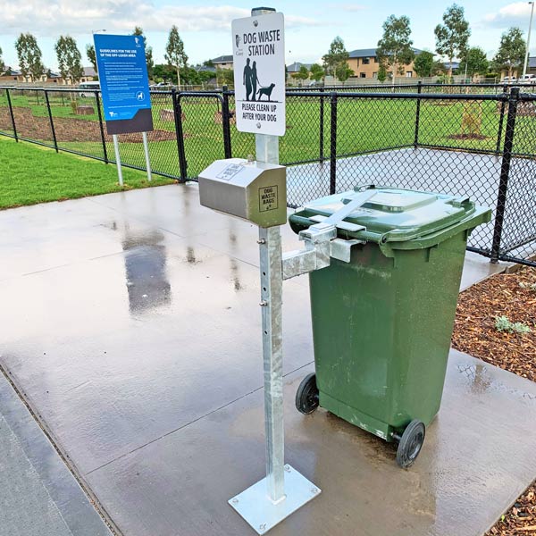 Stainless steel dispenser with galvanised mild steel post and bin security mount