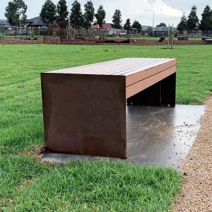 Weathered steel and Enviroslat park bench