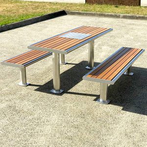 Stainless steel picnic setting with timber battens