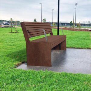 Weathered Steel Hobart Park Seat with Stainless Steel Armrests