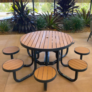 Round Outdoor Table Setting with Battened Tops