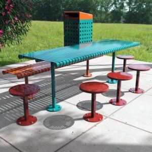 All Steel Outdoor Table Setting with Stools